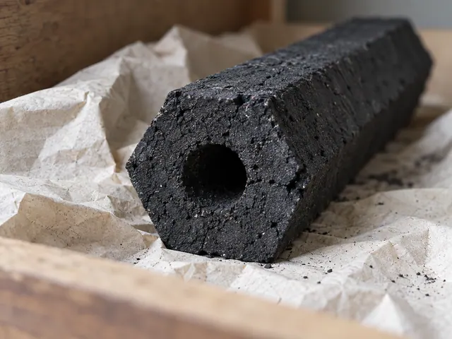 A hexagonal charcoal rod shows its central opening and compressed granular end surface
