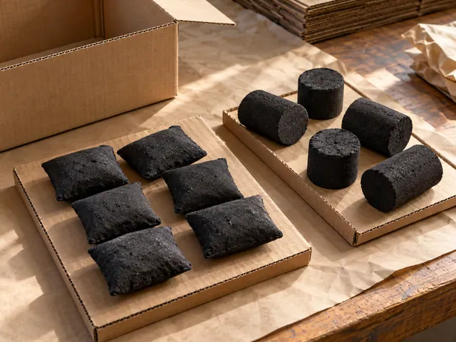 Pillow and cylindrical briquette samples rest separately on plain corrugated packing inserts